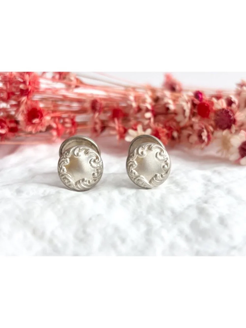 Repousse Round Raised Floral Sterling Silver 925 Men's Cufflinks